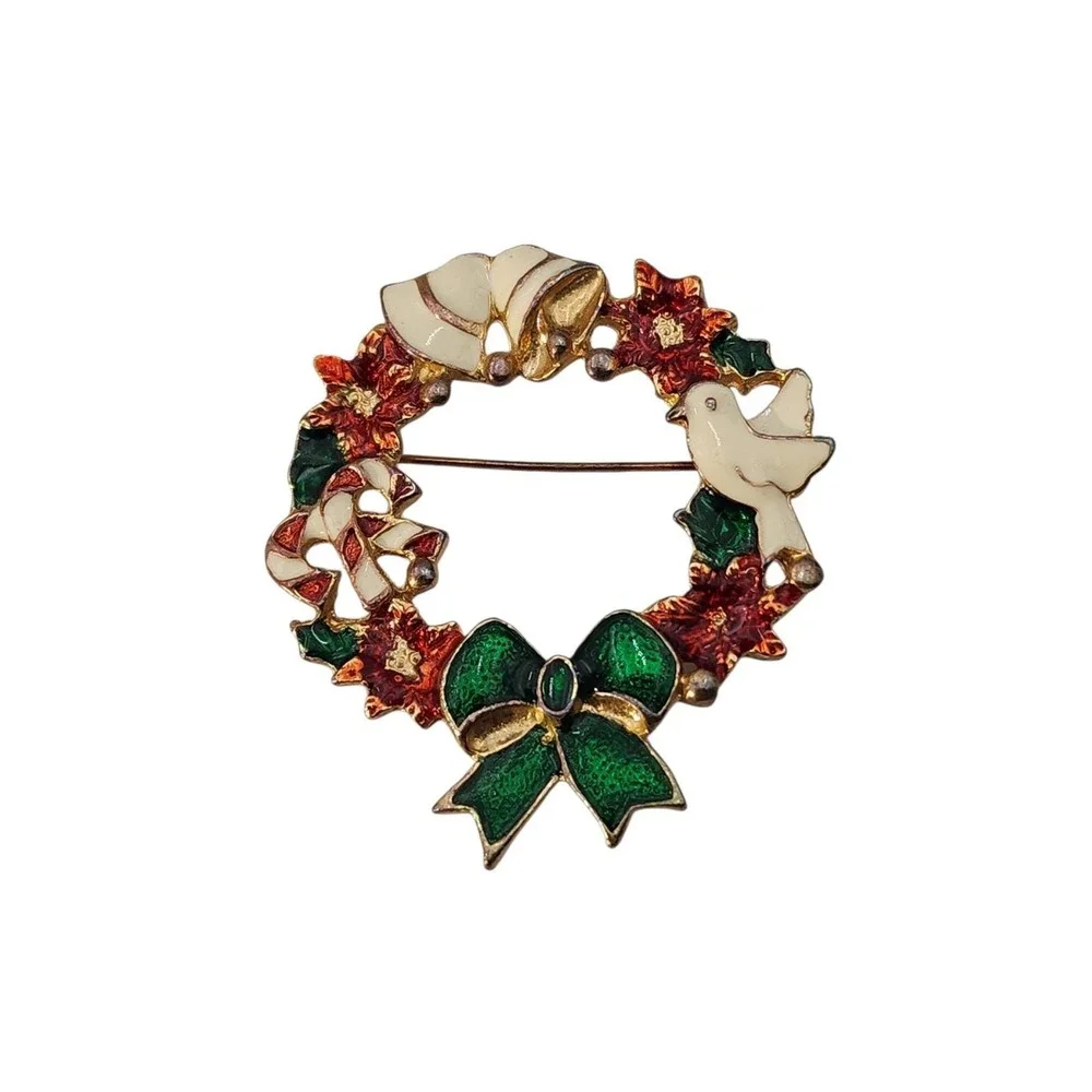 Vintage Christmas Wreath Brooch Enamel Pin Candy Canes Bow Dove Bells Poinsettia